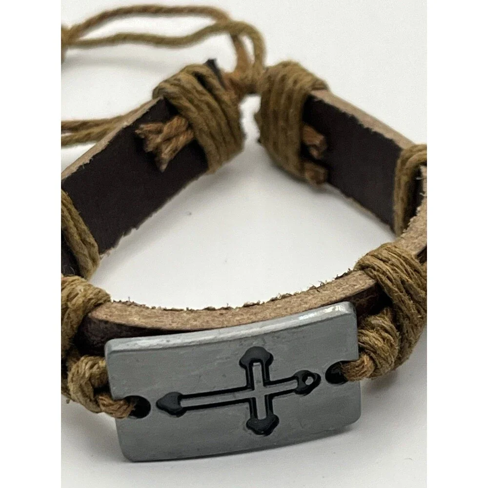 Lot of 2 Faux Leather Cross Adjustable Bracelet Set Dark Brown & Light Brown